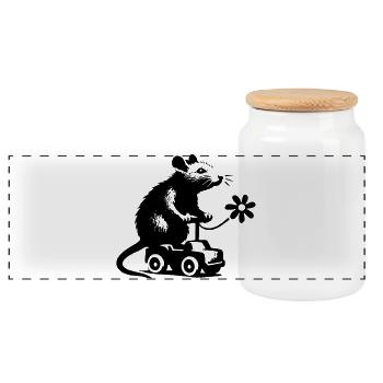 Rat playing with toy car - Panoramic Cookie Jar with Wooden Lid - white - Front