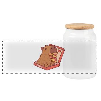 Capybara mignon avec pizza dans une boîte à pizza - Boîte à biscuits avec couvercle en bois - blanc - Devant