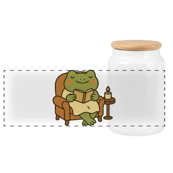 Reading Frog in Armchair – Cozy Evening - Panoramic Cookie Jar with Wooden Lid - white - Front