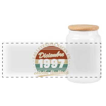 December 1997 Retro Vintage Birthday Gift - Panoramic Cookie Jar with Wooden Lid - white - Front