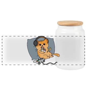 Cat Playing Video Games in Bed Eating Ramen - Panoramic Cookie Jar with Wooden Lid - white - Front