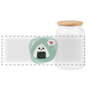 Kawaii onigiri with speech bubble with heart in green - Panoramic Cookie Jar with Wooden Lid - white - Front