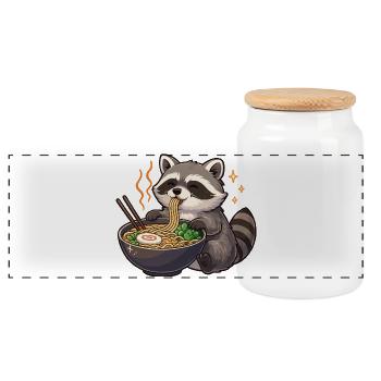 Raccoon with noodles Ramen kawaii raccoon - Panoramic Cookie Jar with Wooden Lid - white - Front