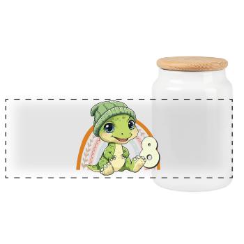 8th Birthday Dinosaur Rainbow Cute Cute - Panoramic Cookie Jar with Wooden Lid - white - Front