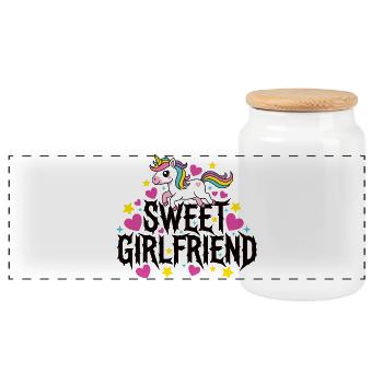 Girlfriend Unicorn Valentines Couple - Panoramic Cookie Jar with Wooden Lid - white - Front