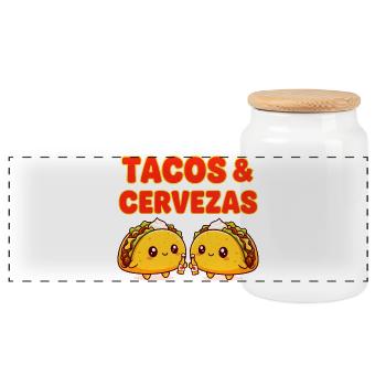 Cute Tacos & Cervezas Happy Mexican Food - Panoramic Cookie Jar with Wooden Lid - white - Front