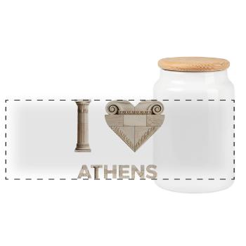 ATHENS – Marble Architectural Lettering - Panoramic Cookie Jar with Wooden Lid - white - Front