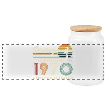 Originaler Vintage-Vintage-Retro-Geburtstag der 1970er Jahre - Panorama Keksdose mit Holzdeckel - Weiß - Vorne