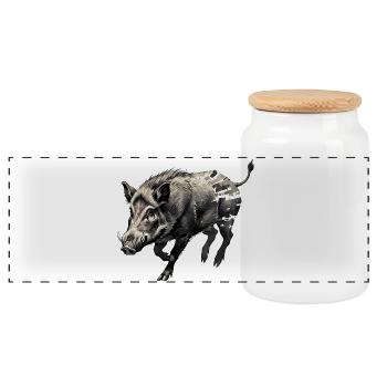 Wild Boar Ink Tattoo Drawing - Panoramic Cookie Jar with Wooden Lid - white - Front