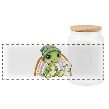 2nd Birthday Dinosaur Rainbow Cute Cute - Panoramic Cookie Jar with Wooden Lid - white - Front