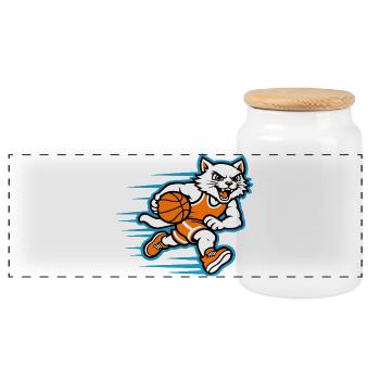 Mascotte Chat Dribbling Rapide de Basketball - Boîte à biscuits avec couvercle en bois - blanc - Devant
