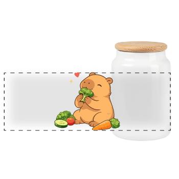 Capybara loves vegetables – relaxed & cute - Panoramic Cookie Jar with Wooden Lid - white - Front