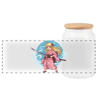 Anime Samurai Girl in Kimono with Katana - Panoramic Cookie Jar with Wooden Lid - white - Front
