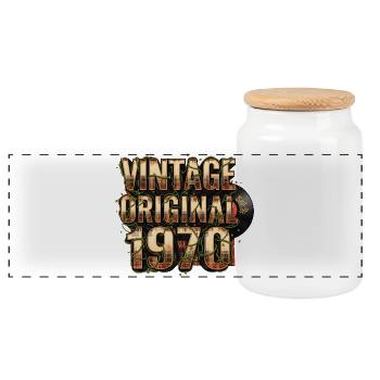 Vintage Original des années 1970 avec vinyle - Boîte à biscuits avec couvercle en bois - blanc - Devant