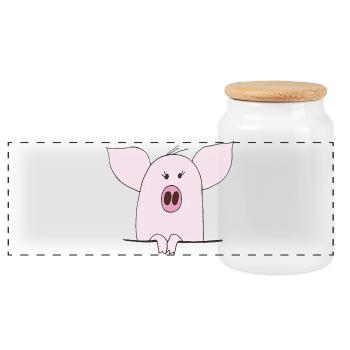 Cuddly Pink Pig Cartoon - Panoramic Cookie Jar with Wooden Lid - white - Front