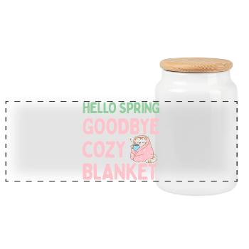 Hello spring, goodbye warm blanket - Panoramic Cookie Jar with Wooden Lid - white - Front