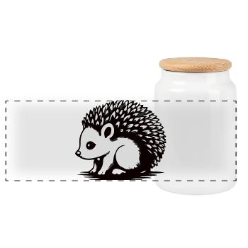 Monochrome Hedgehog Silhouette - Panoramic Cookie Jar with Wooden Lid - white - Front
