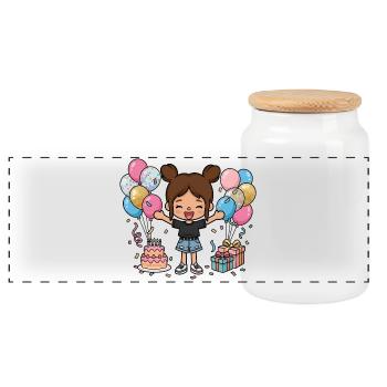 Happy Birthday Girl - Cute Toca game character - Panoramic Cookie Jar with Wooden Lid - white - Front