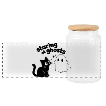 Cute Cat Meets Ghost | Minimal Halloween Motif - Panoramic Cookie Jar with Wooden Lid - white - Front