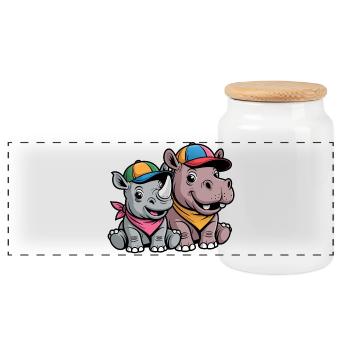 Bébé Rhinocéros et Hippopotame Drôles – Duo d’animaux mignons - Boîte à biscuits avec couvercle en bois - blanc - Devant
