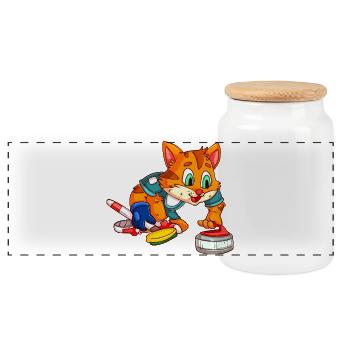 Katzen Curling / Curlingspieler Katze - Panorama Keksdose mit Holzdeckel - Weiß - Vorne