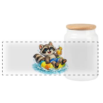 Raton laveur dans un cercle de nage avec cocktail Description - Boîte à biscuits avec couvercle en bois - blanc - Devant