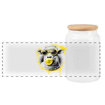 Lamb with Yellow Glasses Pop Art - Panoramic Cookie Jar with Wooden Lid - white - Front