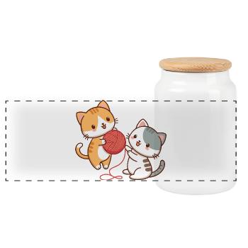 Kittens and kawaii ball - Panoramic Cookie Jar with Wooden Lid - white - Front