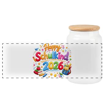 Happy Schulkind 2026 Einschulung Geschenk - Panorama Keksdose mit Holzdeckel - Weiß - Vorne