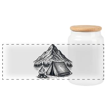 Mountain camping tent by the fire – line art - Panoramic Cookie Jar with Wooden Lid - white - Front