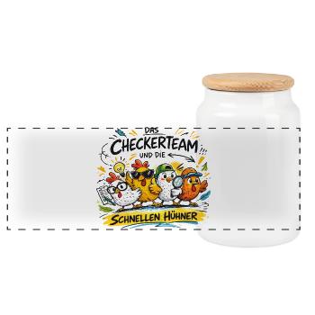 The checker team and the fast chickens - Panoramic Cookie Jar with Wooden Lid - white - Front