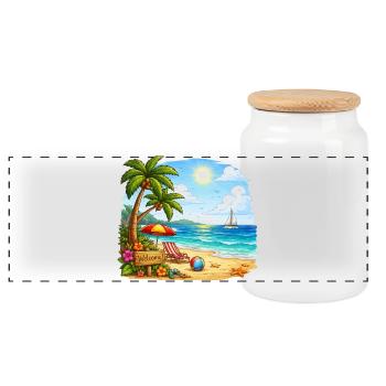 Welcome to the tropical beach - Panoramic Cookie Jar with Wooden Lid - white - Front