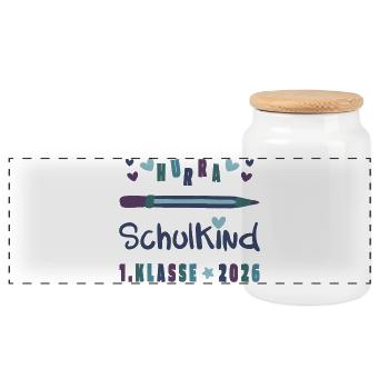 Hurra Schulkind – Einschulung 2026 Klasse 1 - Panorama Keksdose mit Holzdeckel - Weiß - Vorne