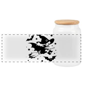 Flying Witch with Broom Halloween Motif - Panoramic Cookie Jar with Wooden Lid - white - Front