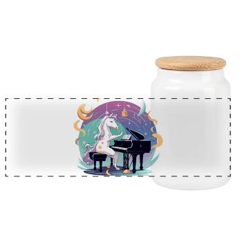 Mondzauber Unicorn at the piano - Panoramic Cookie Jar with Wooden Lid - white - Front