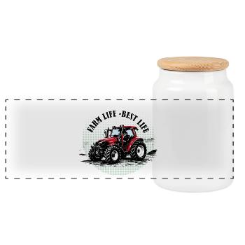 Farm Vibes – Roter Traktor Retro Halftone - Panorama Keksdose mit Holzdeckel - Weiß - Vorne