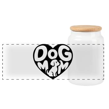 Hundemama Herzdesign mit kleinem Hund - Panorama Keksdose mit Holzdeckel - Weiß - Vorne