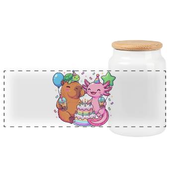 Capybara Axolotl Turtle Birthday Cake Party - Panoramic Cookie Jar with Wooden Lid - white - Front