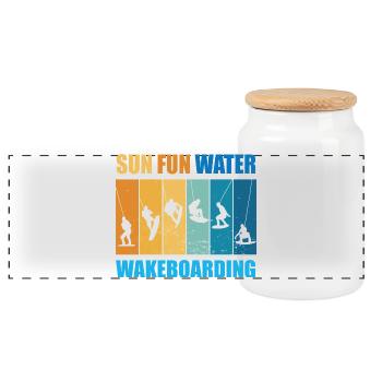 Sonne, Spass, Wasser, Wakeboarden - Panorama Keksdose mit Holzdeckel - Weiß - Vorne