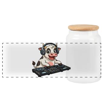 DJ Cow Cartoon Farm Party Motif - Panoramic Cookie Jar with Wooden Lid - white - Front