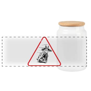 Speedway Motorcycle Racer Warning Sign Design - Panoramic Cookie Jar with Wooden Lid - white - Front