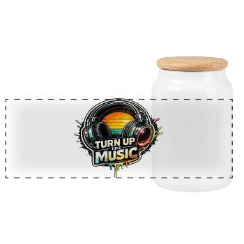 TURN UP THE MUSIC Headphones Retro Music Motif - Panoramic Cookie Jar with Wooden Lid - white - Front