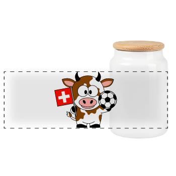Cow with Swiss flag and football - Panoramic Cookie Jar with Wooden Lid - white - Front