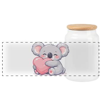 Kleiner Koala kuschelt Herz - Panorama Keksdose mit Holzdeckel - Weiß - Vorne