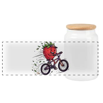 Cool strawberry on mountain bike ride - Panoramic Cookie Jar with Wooden Lid - white - Front