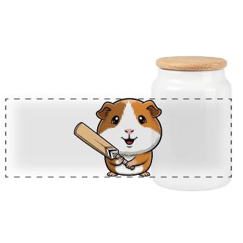 Cute guinea pig with cricket bat - Panoramic Cookie Jar with Wooden Lid - white - Front