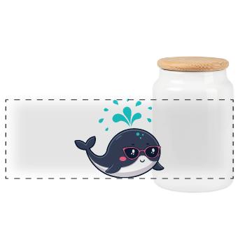 Cute Smiling Whale and Pink Glasses - Panoramic Cookie Jar with Wooden Lid - white - Front