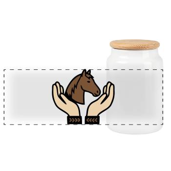 Hands Holding Horse Equestrian - Panoramic Cookie Jar with Wooden Lid - white - Front