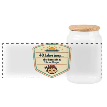 40 Jahre jung – Nicht früh am Morgen - Panorama Keksdose mit Holzdeckel - Weiß - Vorne