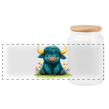 Yak bleu dans une mer de fleurs - Boîte à biscuits avec couvercle en bois - blanc - Devant